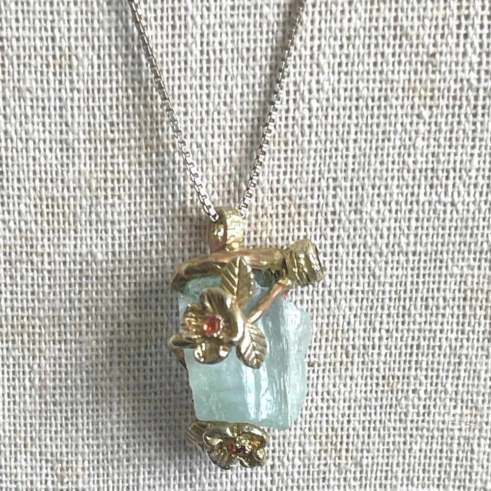 Aquamarine Pendant Necklace Sterling Silver 925 Gold Vermeil Leaf Branch 17"